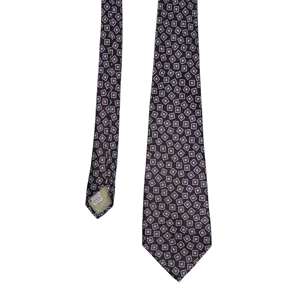 Christopher Hayes Silk Tie Mens Burgundy Blue Geometric Diamond Necktie Italy - Picture 4 of 9